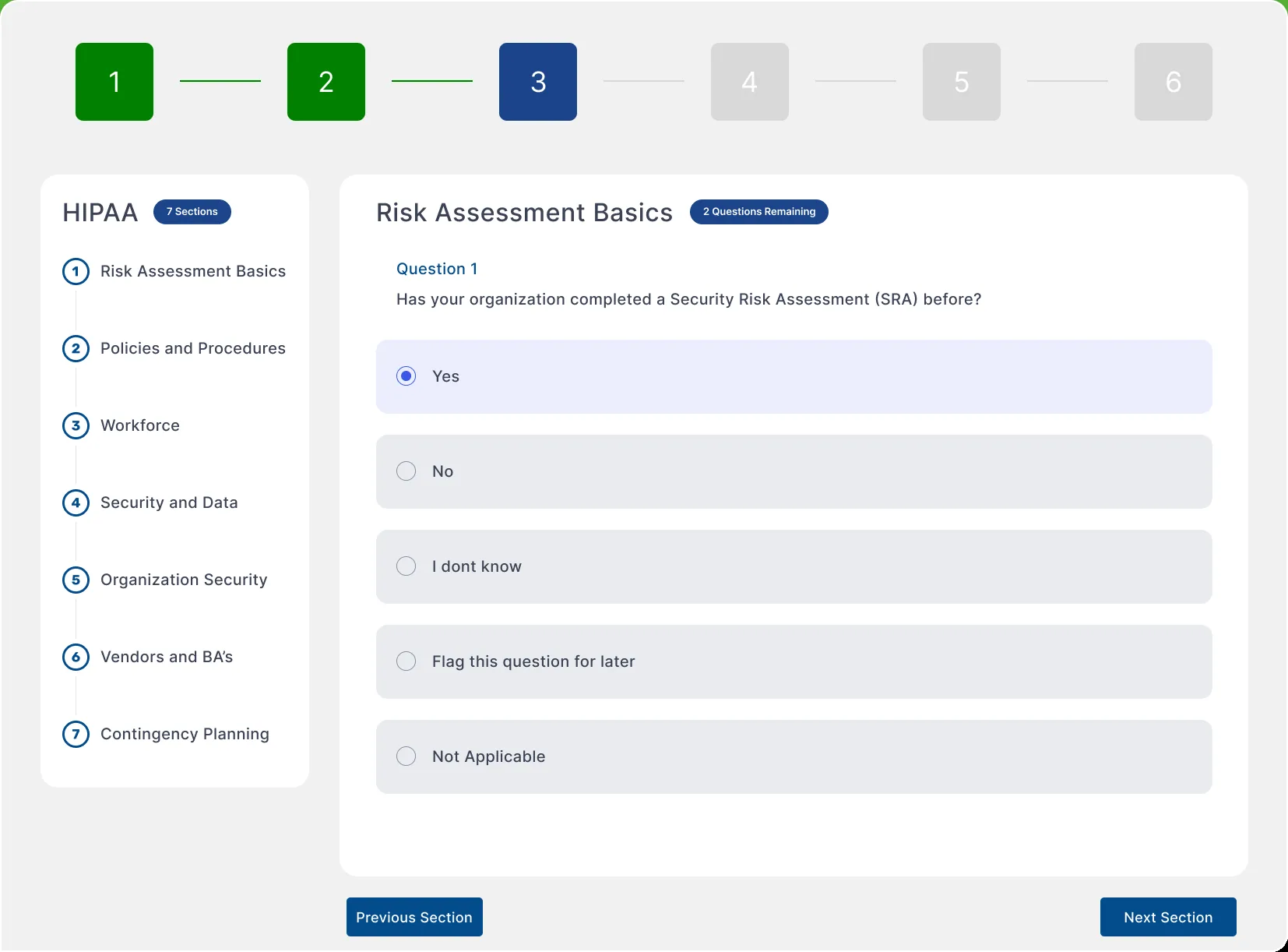 The risk assessment screen: seven sections down the left, a numbered progress bar across the top, and the current question with its answer options.