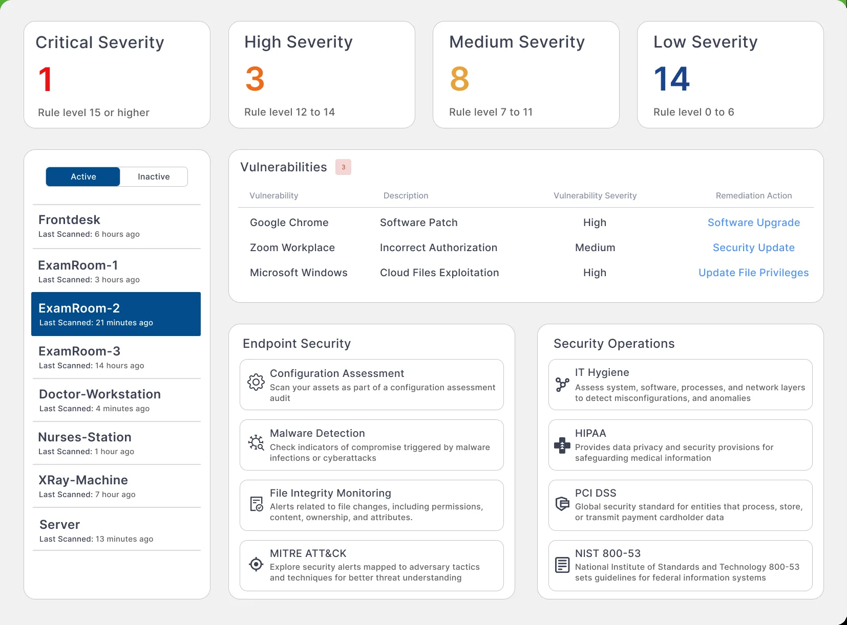 Security operations screen listing every workstation with its last scan time and a vulnerabilities table with remediation actions.