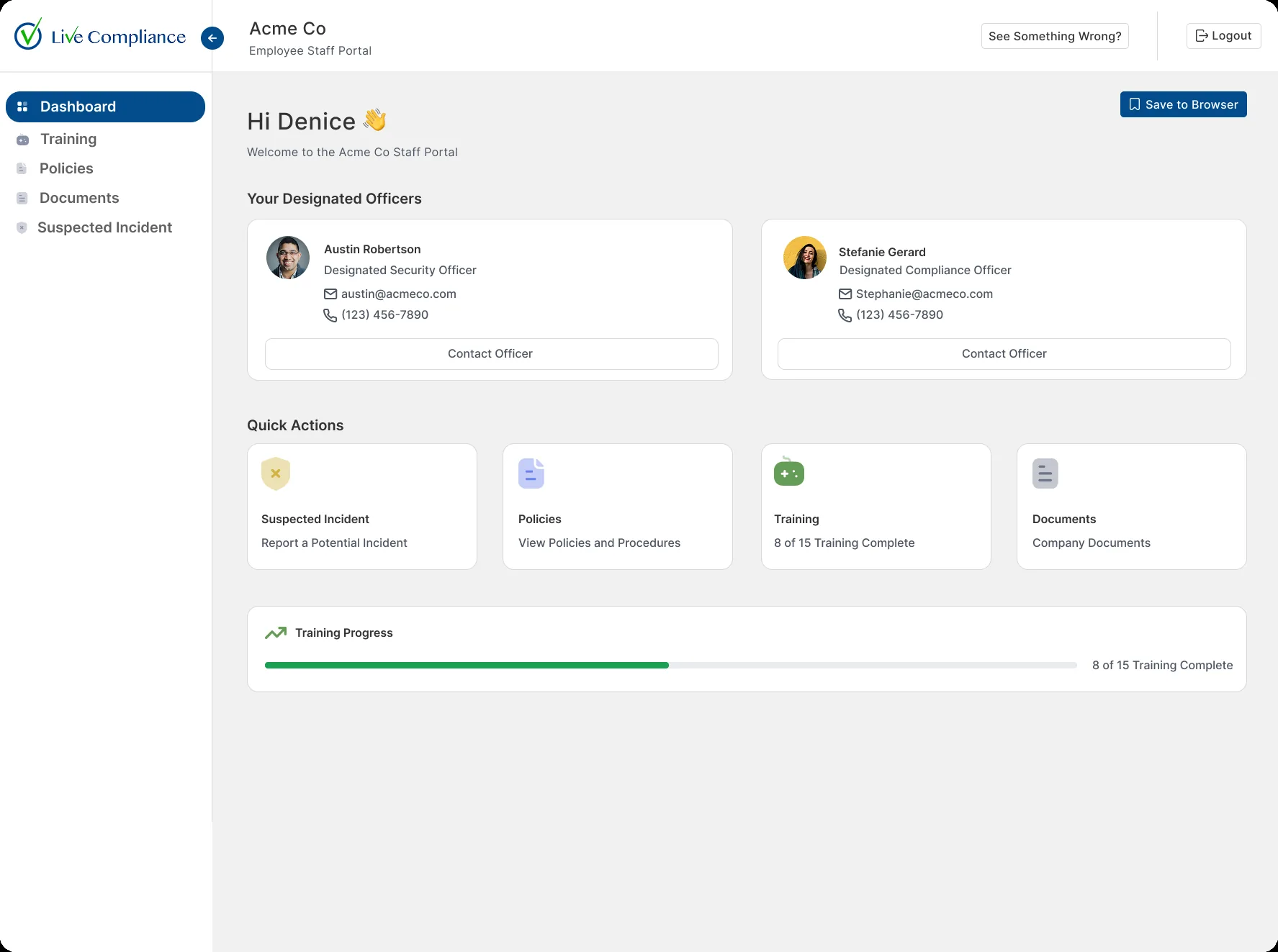 Staff Portal showing the designated security and compliance officers with photos and contact buttons, and quick actions for reporting an incident.