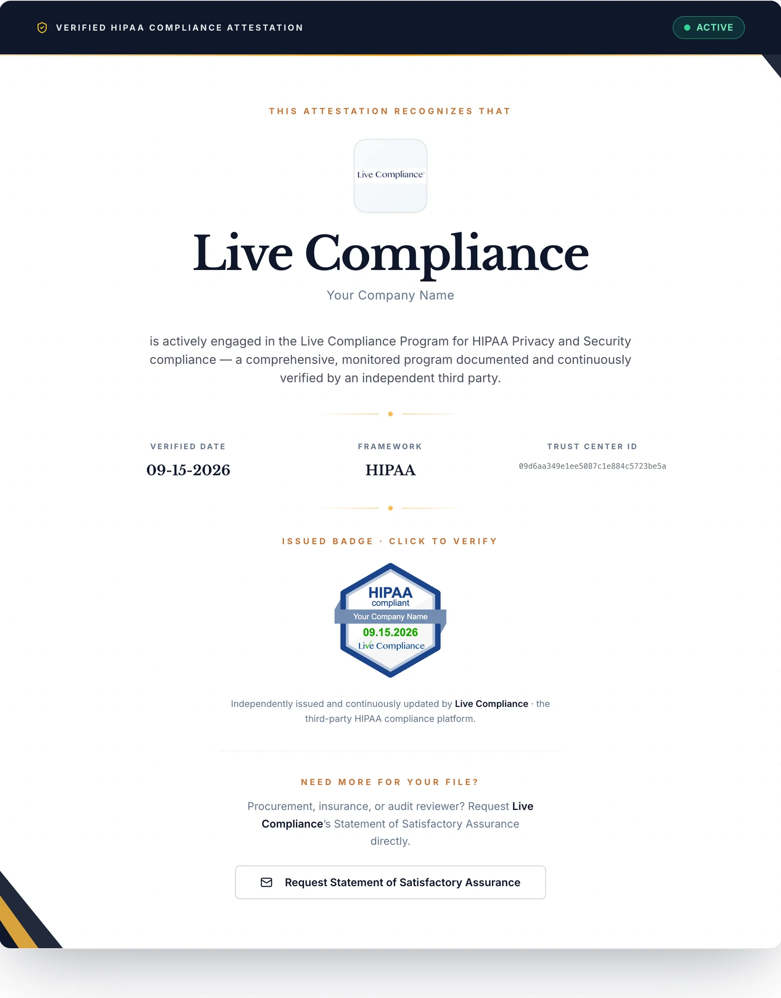 The lower half of the Trust Center page: the issued seal, the line saying it is independently issued and continuously updated by Live Compliance, and the button to request the Statement of Satisfactory Assurance.
