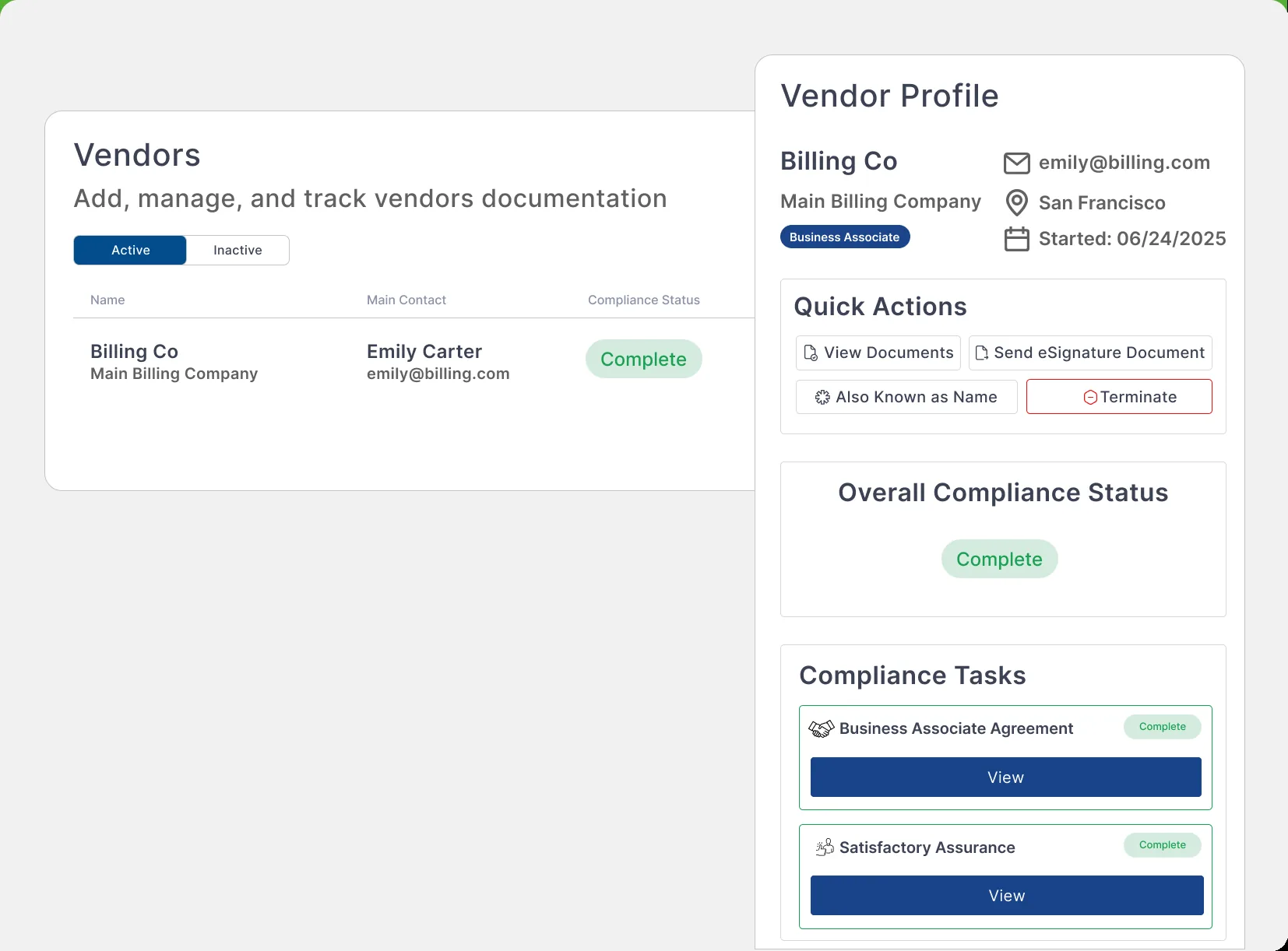 The vendors screen with a vendor profile: business associate status, quick actions for documents and eSignature, overall compliance status, and the business associate agreement marked complete.